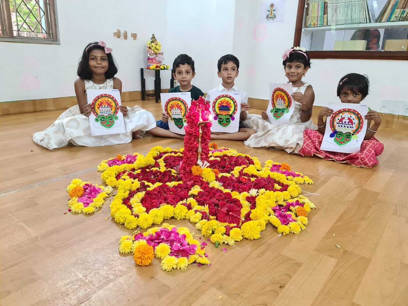 Children celebrating a festival with flowers and craft masks