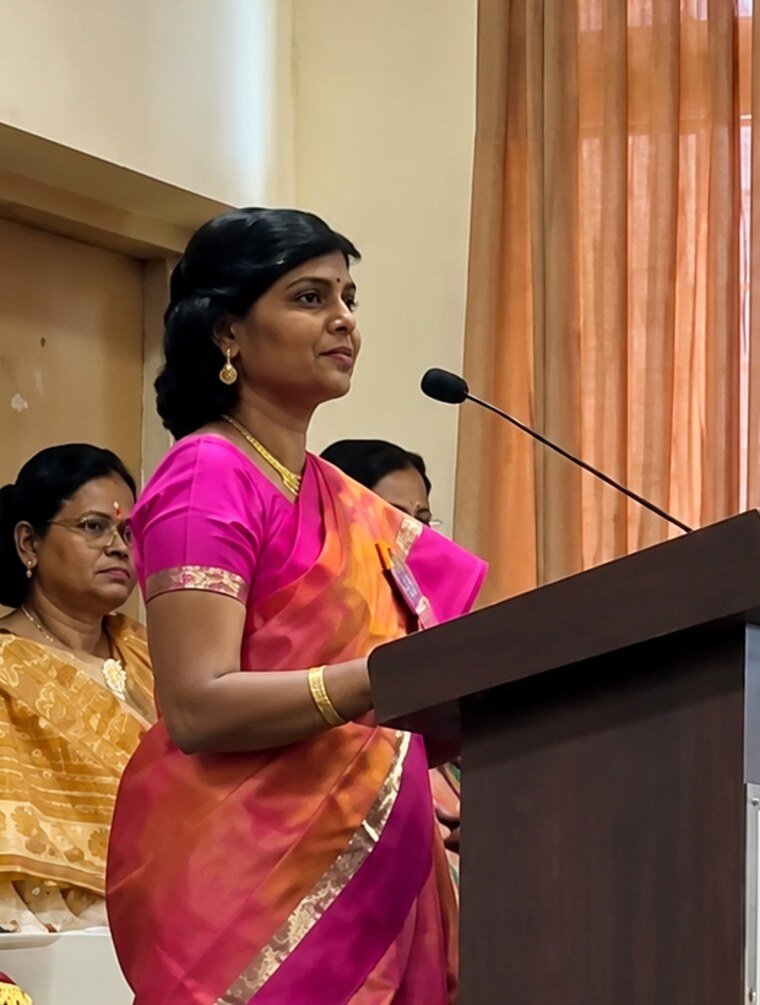 Mrs. Sarala Jayasekar, Founder of Springs Pre School, speaking at a school event
